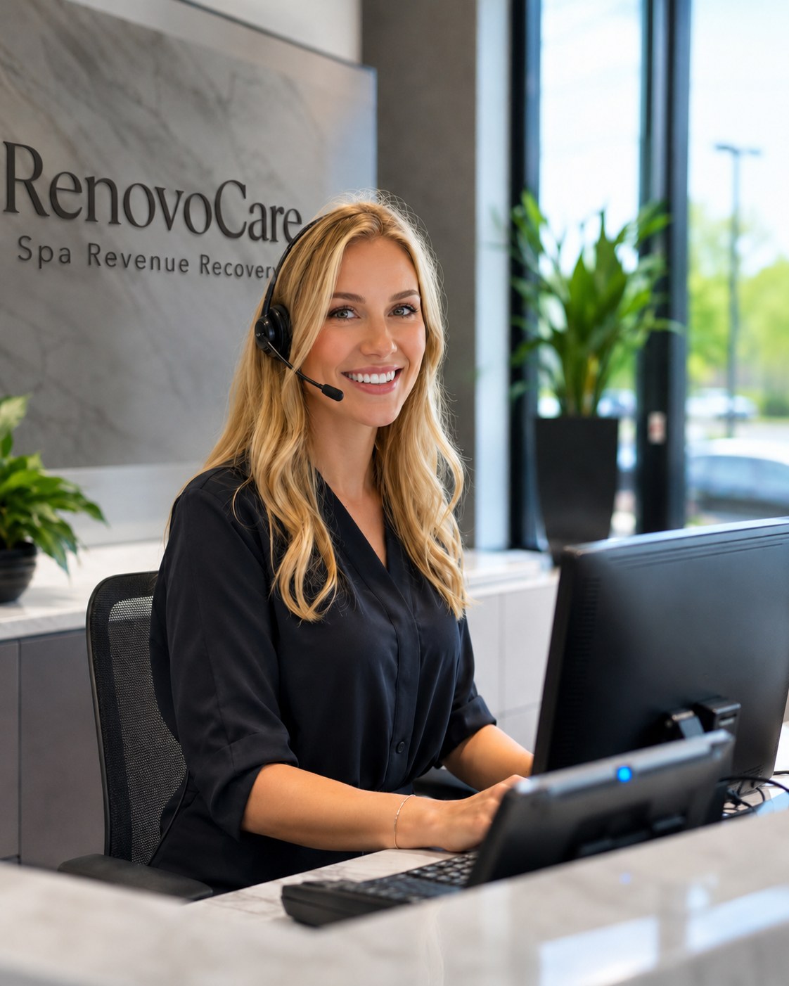 Photorealistic RenovoCare spa receptionist at a modern front desk